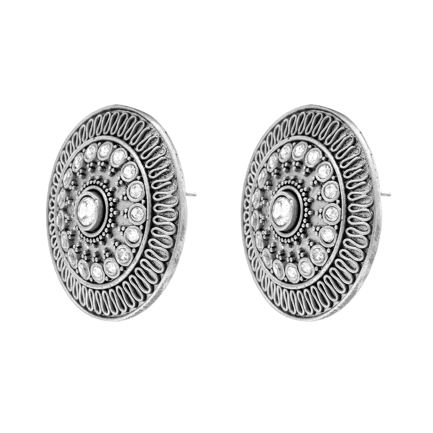 Traditional Indian Matte Silver Oxidised CZ, Crystal Oversized Stud Earring For Women - Silver, White (SJE_218_S_W)