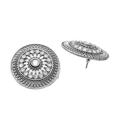 Traditional Indian Matte Silver Oxidised CZ, Crystal Oversized Stud Earring For Women - Silver, White (SJE_218_S_W)