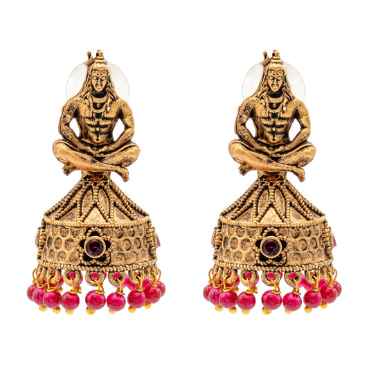 Traditional Indian Matte Gold Oxidised CZ, Crystal Studded Temple Jhumka Earring For Women - Gold,Maroon (SJE_219_M)