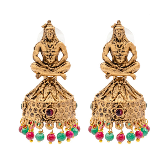Traditional Indian Matte Gold Oxidised CZ, Crystal Studded Temple Jhumka Earring For Women - Gold, Ruby, Green (SJE_219_G_R_G)