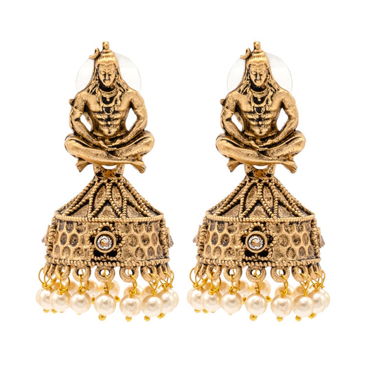 Traditional Indian Matte Gold Oxidised CZ, Crystal Studded Temple Jhumka Earring For Women - Gold, White (SJE_219_G_W)
