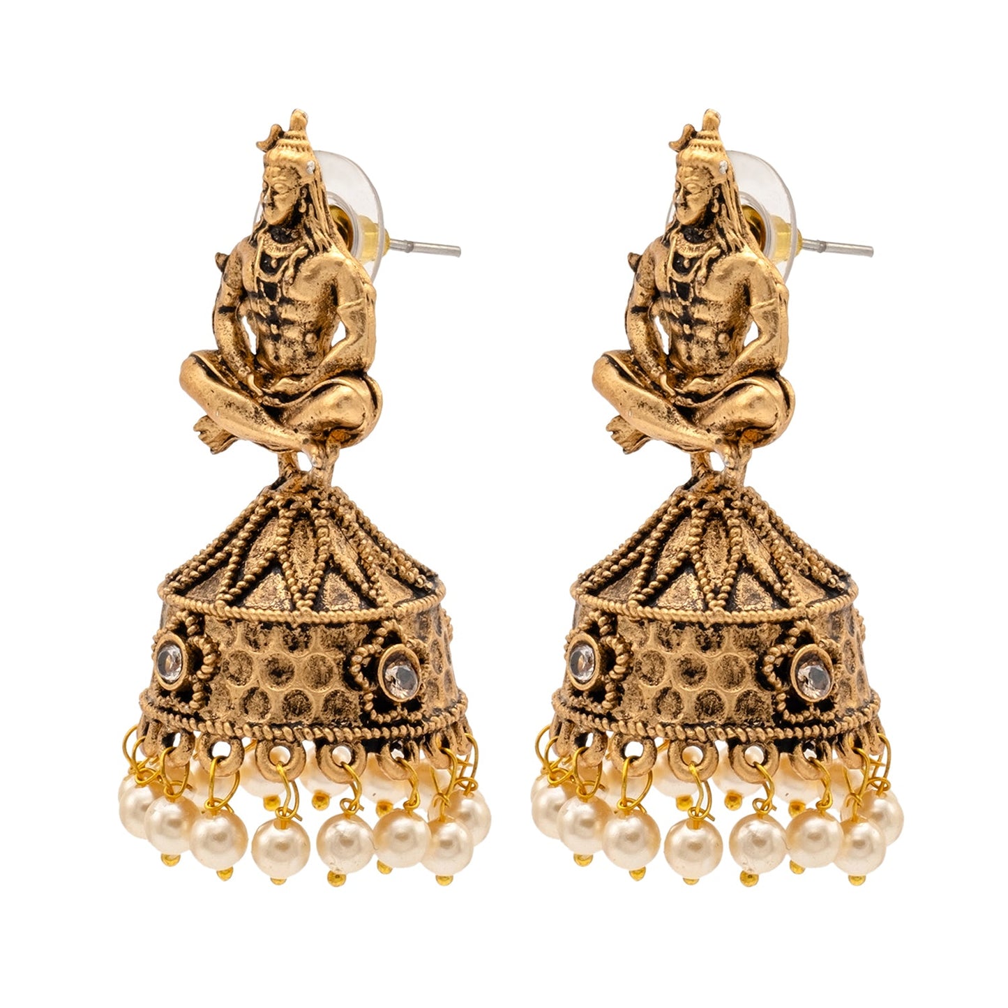 Traditional Indian Matte Gold Oxidised CZ, Crystal Studded Temple Jhumka Earring For Women - Gold, White (SJE_219_G_W)