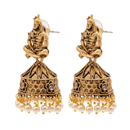 Traditional Indian Matte Gold Oxidised CZ, Crystal Studded Temple Jhumka Earring For Women - Gold, White (SJE_219_G_W)