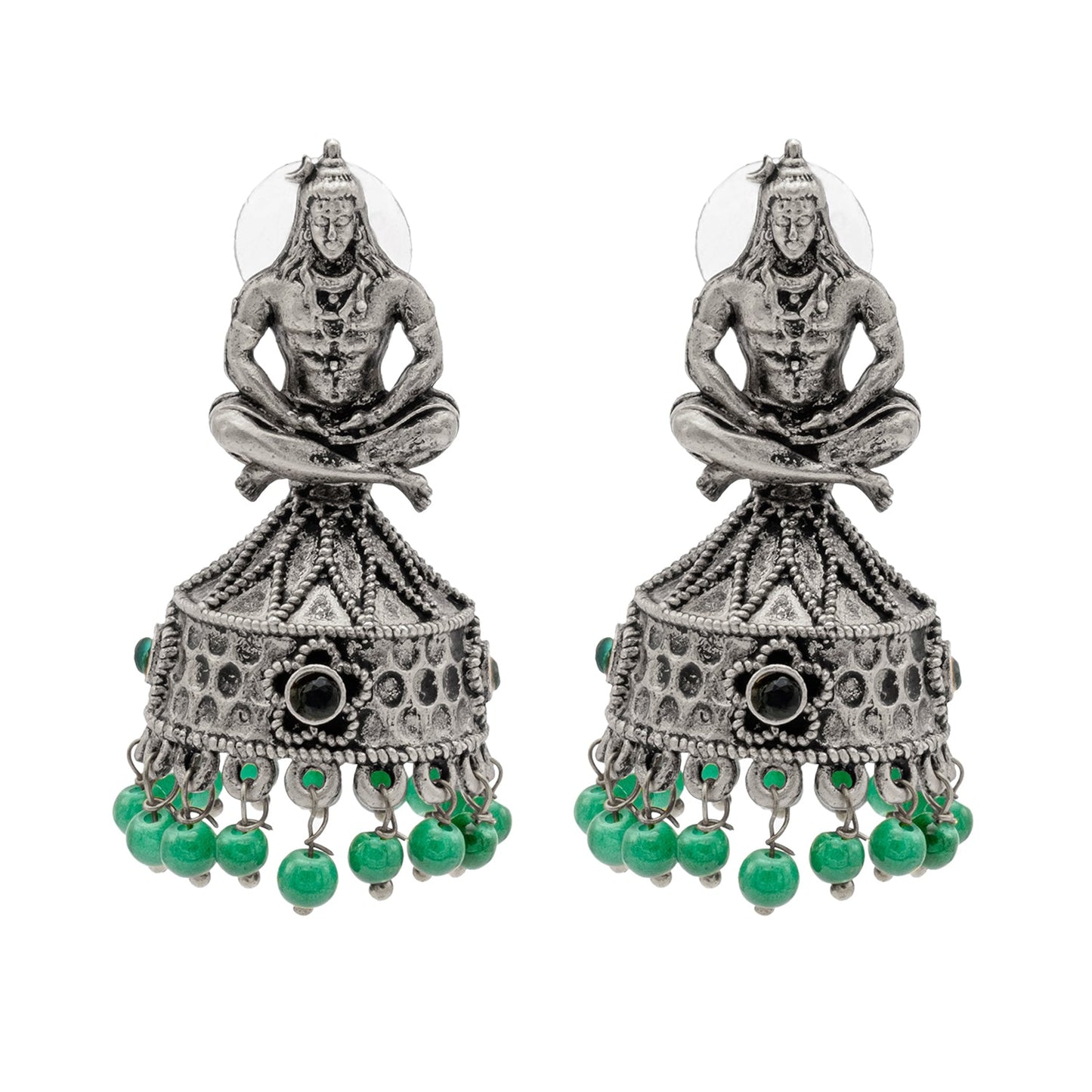 Traditional Indian Matte Silver Oxidised CZ, Crystal Studded Temple Jhumka Earring For Women-Silver, Green (SJE_219_S_G)