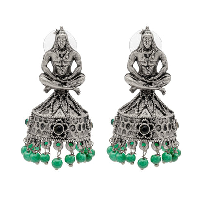 Traditional Indian Matte Silver Oxidised CZ, Crystal Studded Temple Jhumka Earring For Women-Silver, Green (SJE_219_S_G)