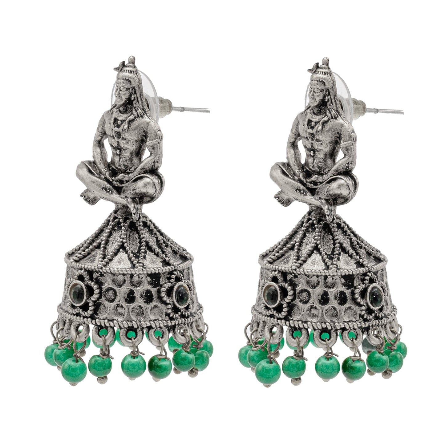 Traditional Indian Matte Silver Oxidised CZ, Crystal Studded Temple Jhumka Earring For Women-Silver, Green (SJE_219_S_G)
