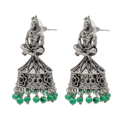 Traditional Indian Matte Silver Oxidised CZ, Crystal Studded Temple Jhumka Earring For Women-Silver, Green (SJE_219_S_G)