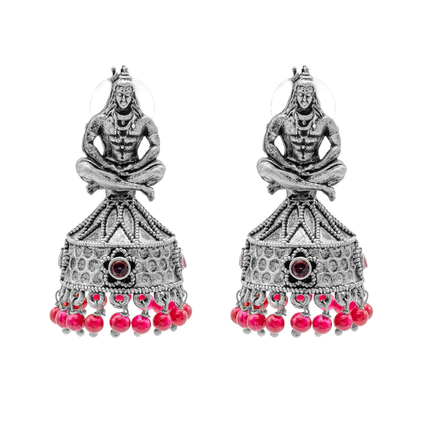 Traditional Indian Matte Silver Oxidised CZ, Crystal Studded Temple Jhumka Earring For Women-Silver, Maroon (SJE_219_S_M)