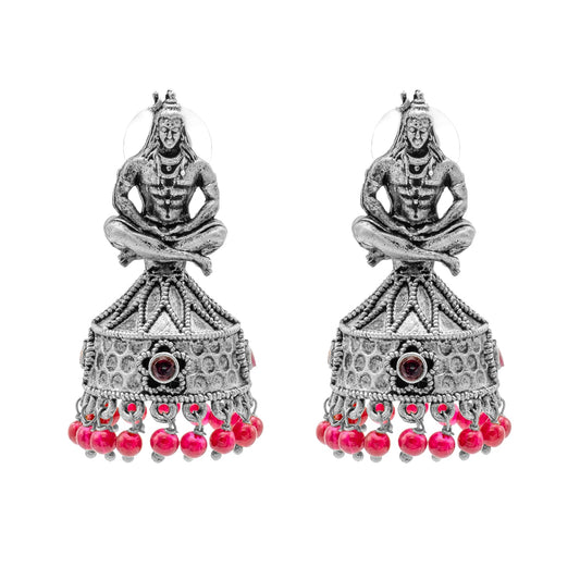 Traditional Indian Matte Silver Oxidised CZ, Crystal Studded Temple Jhumka Earring For Women-Silver, Maroon (SJE_219_S_M)