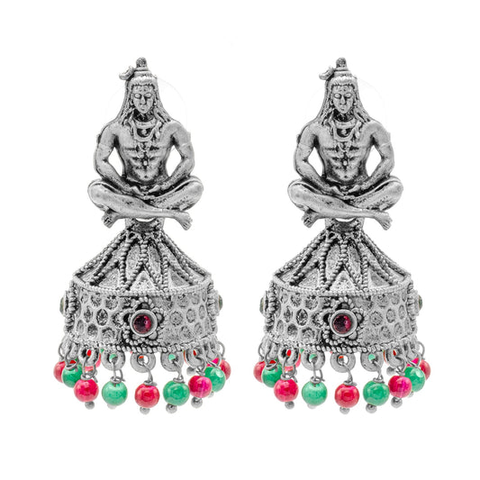 Traditional Indian Matte Silver Oxidised CZ, Crystal Studded Temple Jhumka Earring For Women-Silver, Ruby, Green (SJE_219_S_R_G)