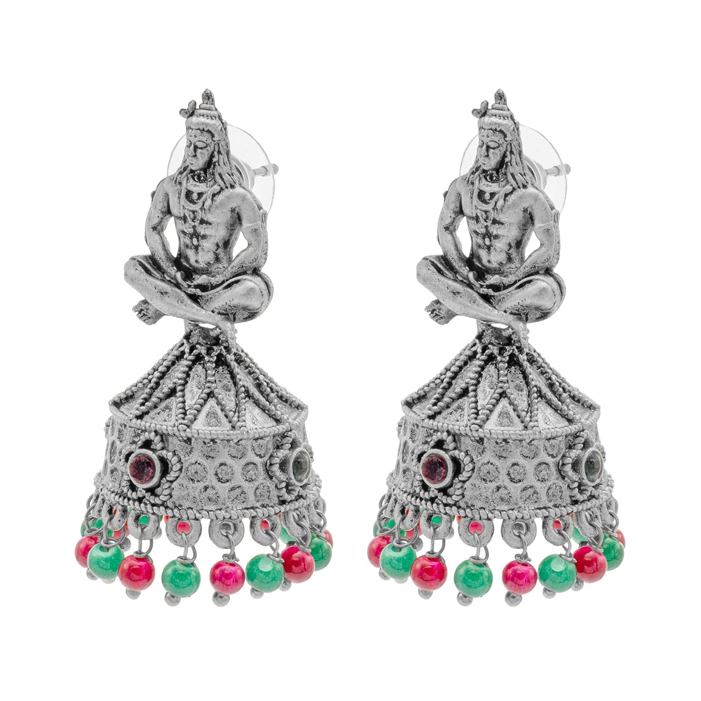 Traditional Indian Matte Silver Oxidised CZ, Crystal Studded Temple Jhumka Earring For Women-Silver, Ruby, Green (SJE_219_S_R_G)