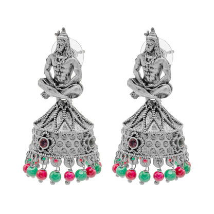Traditional Indian Matte Silver Oxidised CZ, Crystal Studded Temple Jhumka Earring For Women-Silver, Ruby, Green (SJE_219_S_R_G)
