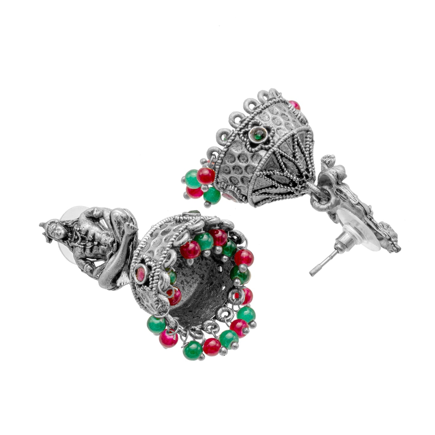 Traditional Indian Matte Silver Oxidised CZ, Crystal Studded Temple Jhumka Earring For Women-Silver, Ruby, Green (SJE_219_S_R_G)
