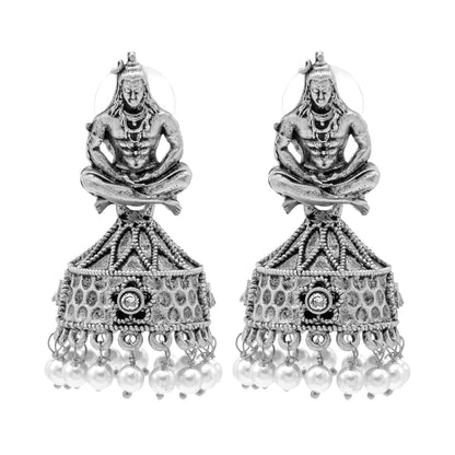 Traditional Indian Matte Silver Oxidised CZ, Crystal Studded Temple Jhumka Earring For Women-Silver, White (SJE_219_S_W)