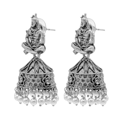 Traditional Indian Matte Silver Oxidised CZ, Crystal Studded Temple Jhumka Earring For Women-Silver, White (SJE_219_S_W)