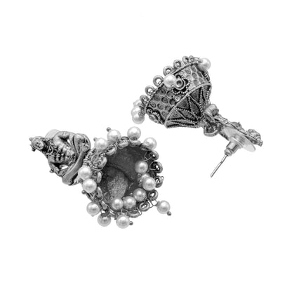 Traditional Indian Matte Silver Oxidised CZ, Crystal Studded Temple Jhumka Earring For Women-Silver, White (SJE_219_S_W)