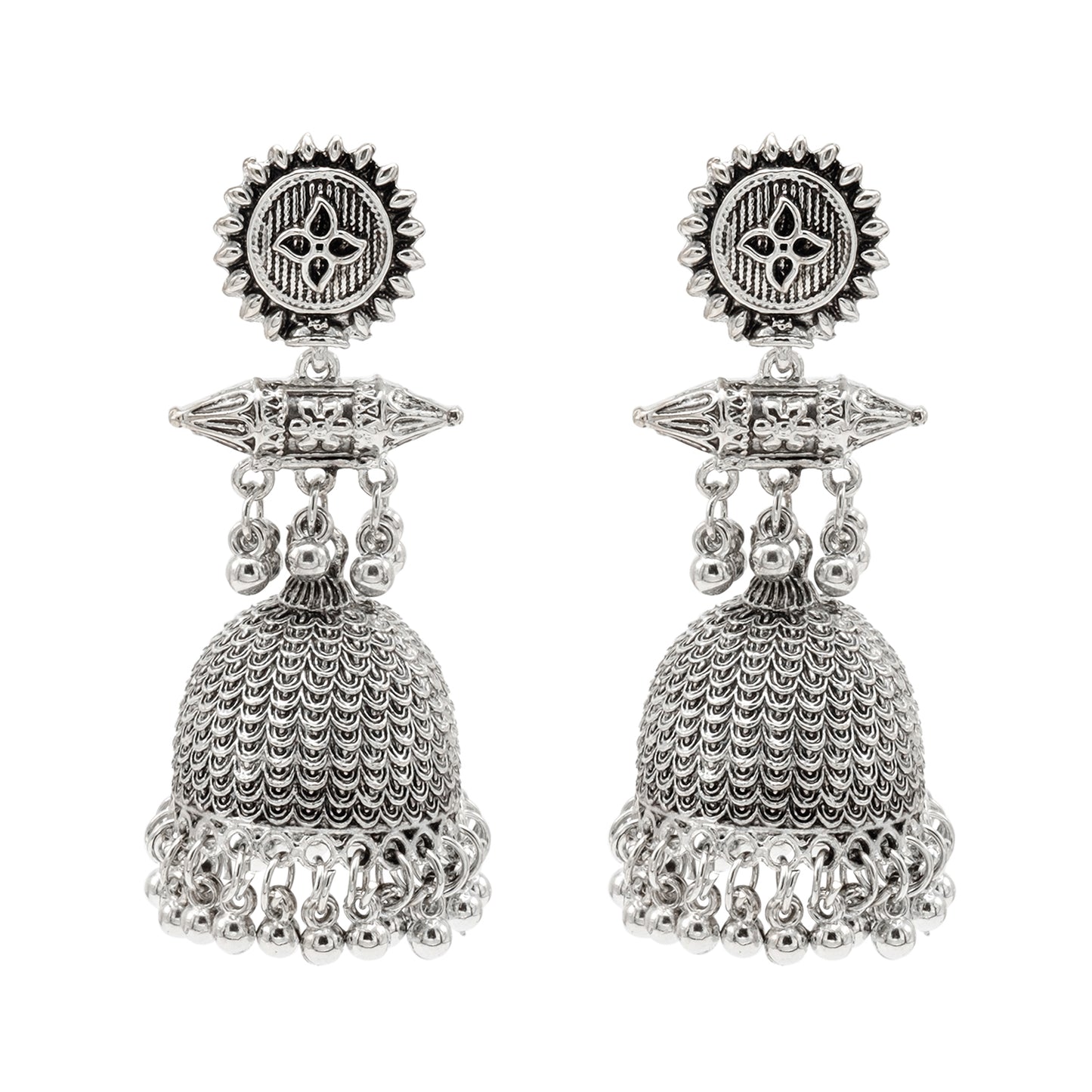 Set of 3 Traditional Oxidised Silver Jhumka Earrings Combo for Women. - SJEC_86