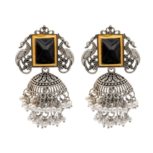 Traditional Indian Matte Antique Oxidised Silver CZ, Crystal Studded Peacock Drop Earring For Women - Black (SJE_225_BK)
