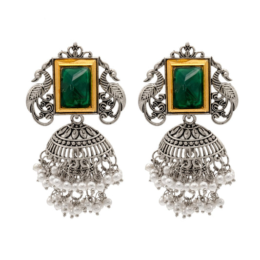 Traditional Indian Matte Antique Oxidised Silver CZ, Crystal Studded Peacock Drop Earring For Women - Green (SJE_225_G)