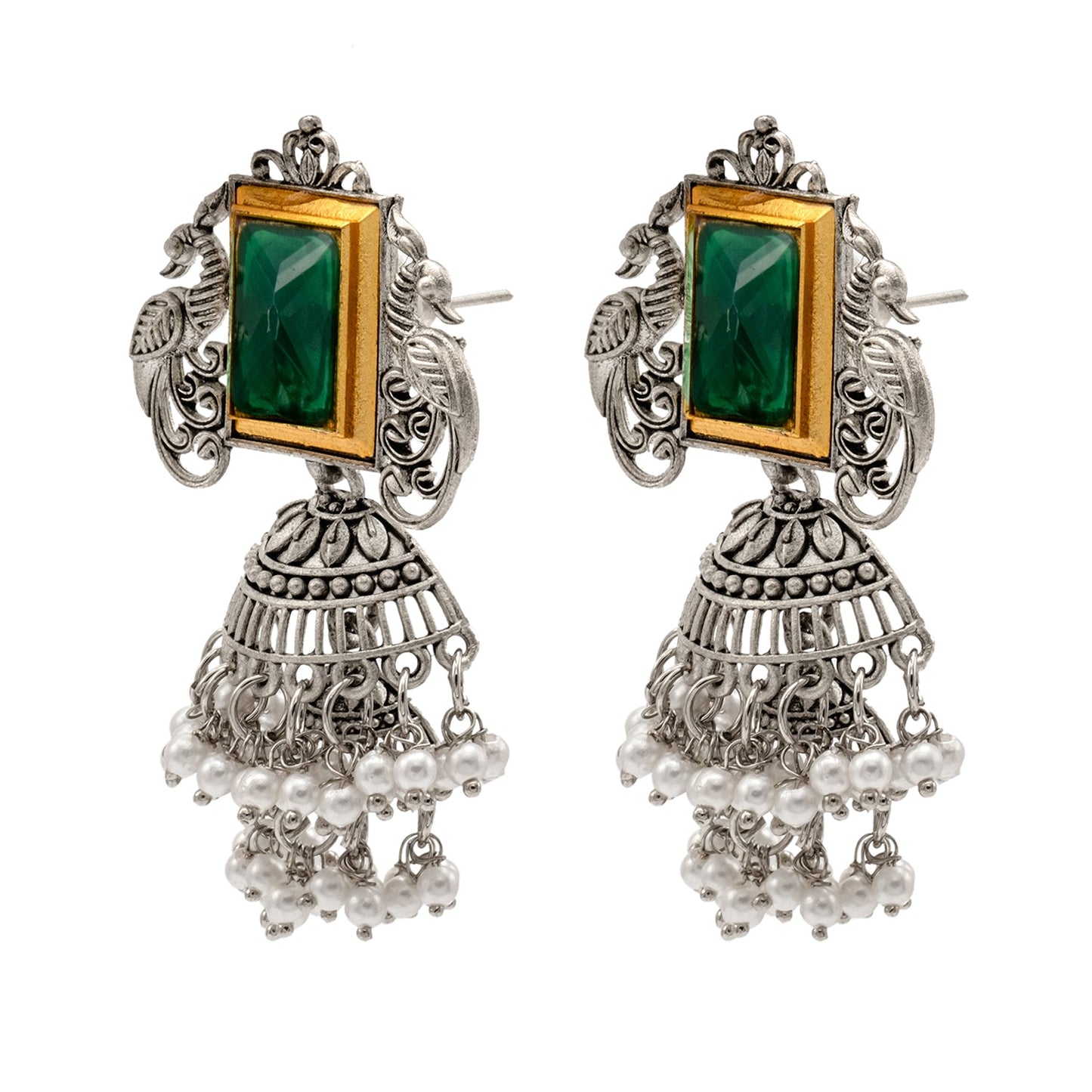 Traditional Indian Matte Antique Oxidised Silver CZ, Crystal Studded Peacock Drop Earring For Women - Green (SJE_225_G)