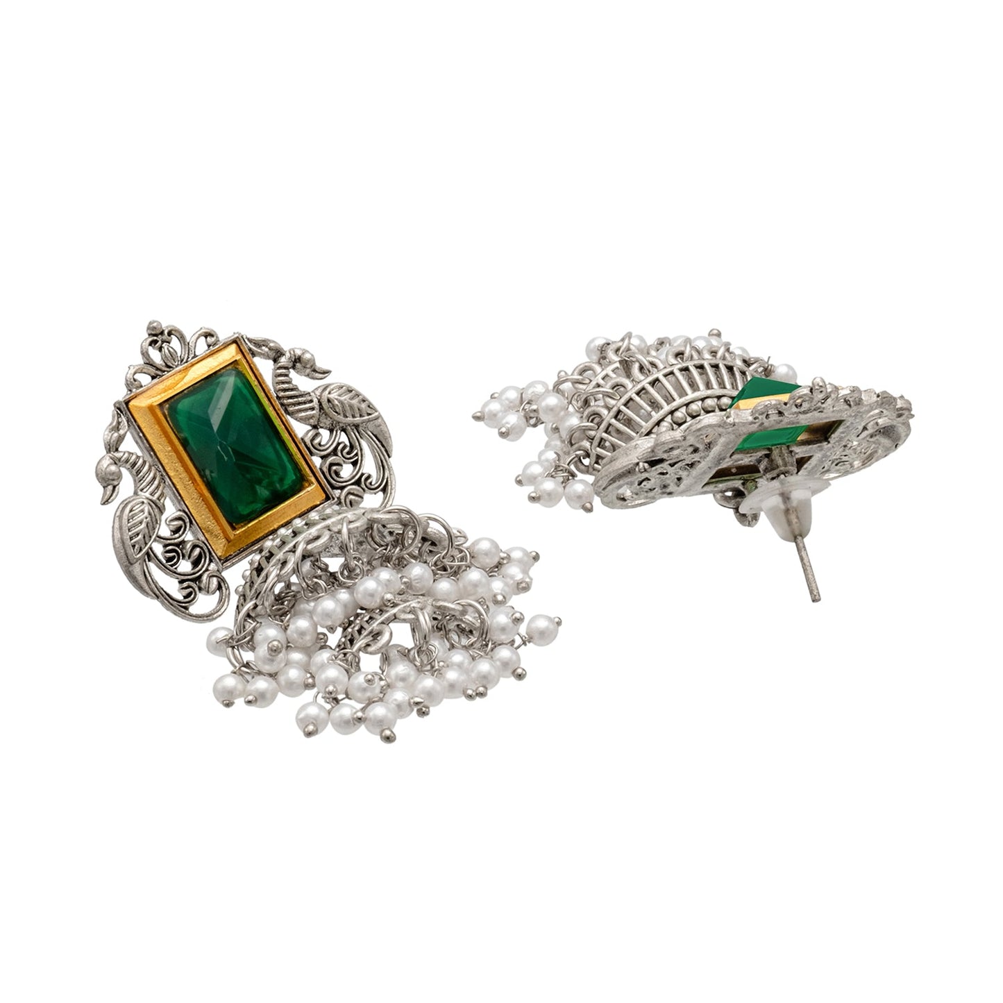 Traditional Indian Matte Antique Oxidised Silver CZ, Crystal Studded Peacock Drop Earring For Women - Green (SJE_225_G)