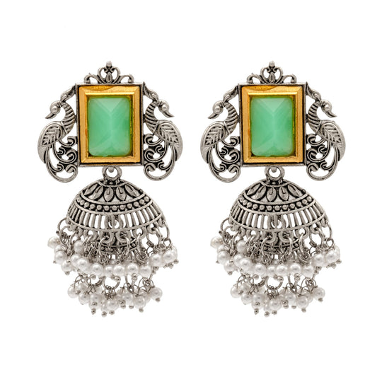 Traditional Indian Matte Antique Oxidised Silver CZ, Crystal Studded Peacock Drop Earring For Women - Mint Green (SJE_225_LG)