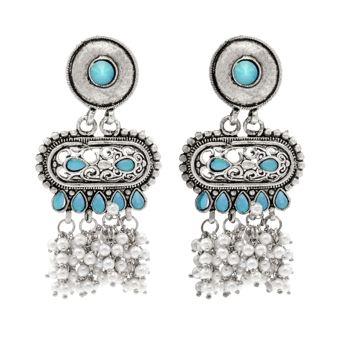 Shining Jewel Traditional Indian Matte Antique Oxidised Silver CZ, Crystal Studded Drop Earring For Women - Turquoise (SJE_226_AQ)