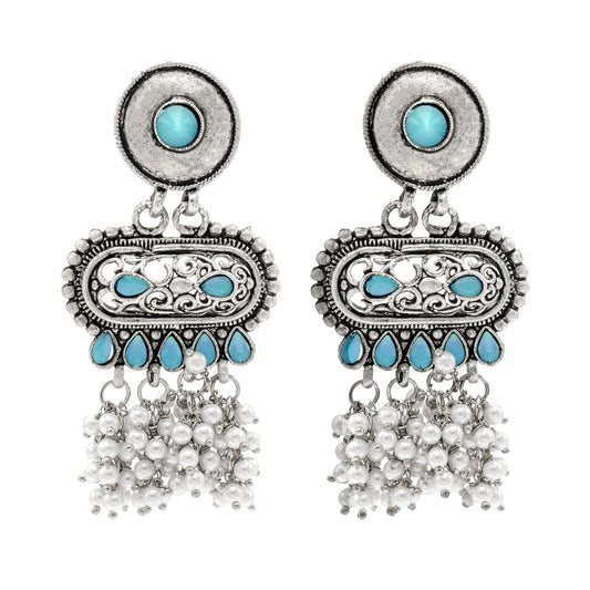 Shining Jewel Traditional Indian Matte Antique Oxidised Silver CZ, Crystal Studded Drop Earring For Women - Turquoise (SJE_226_AQ)