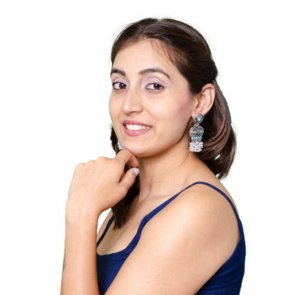 Shining Jewel Traditional Indian Matte Antique Oxidised Silver CZ, Crystal Studded Drop Earring For Women - Turquoise (SJE_226_AQ)