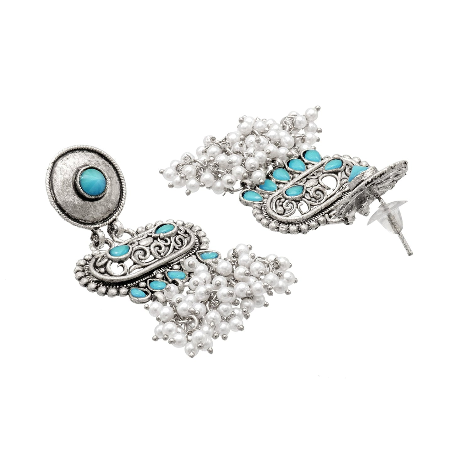 Shining Jewel Traditional Indian Matte Antique Oxidised Silver CZ, Crystal Studded Drop Earring For Women - Turquoise (SJE_226_AQ)