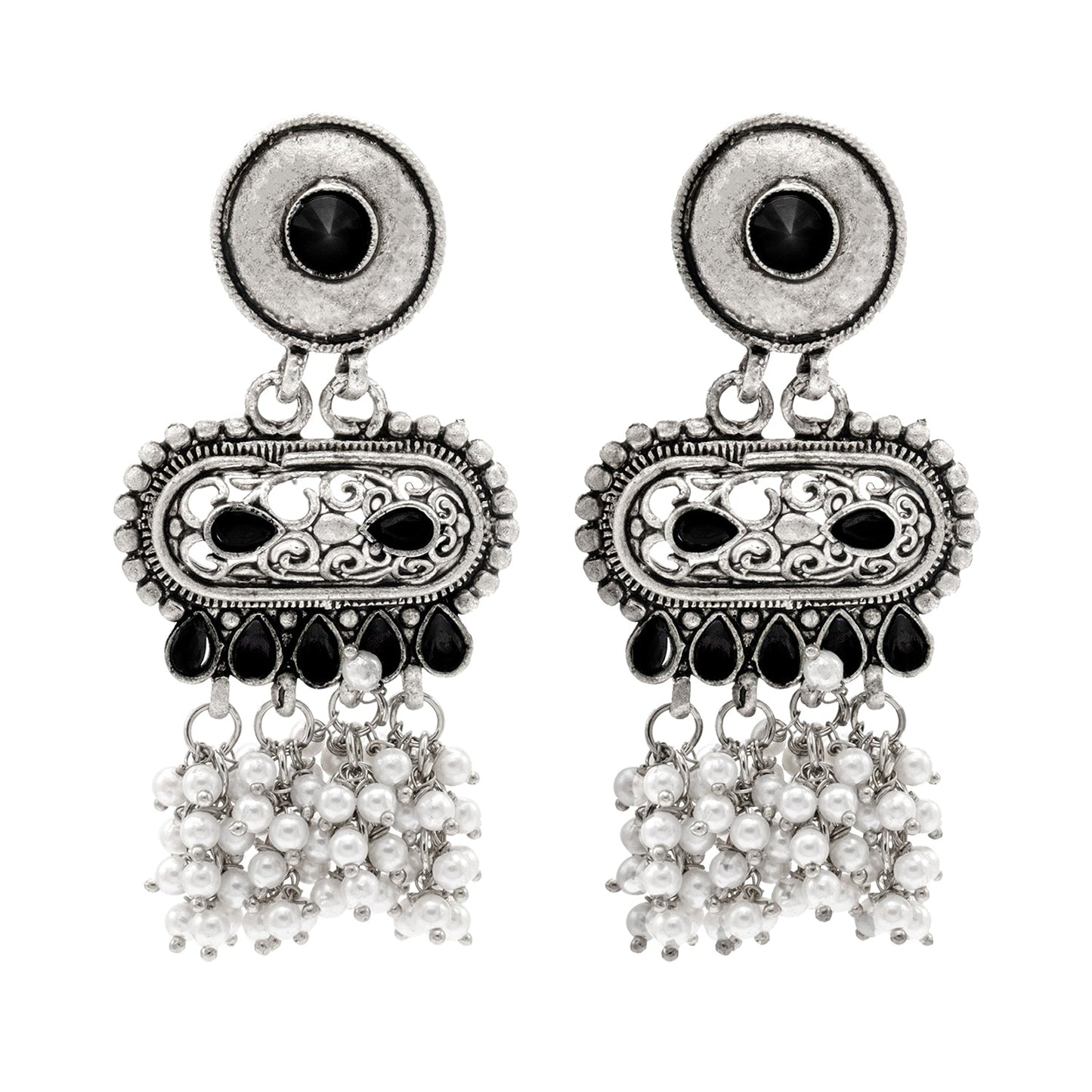 Shining Jewel Traditional Indian Matte Antique Oxidised Silver CZ, Crystal Studded Drop Earring For Women - Black (SJE_226_BK)