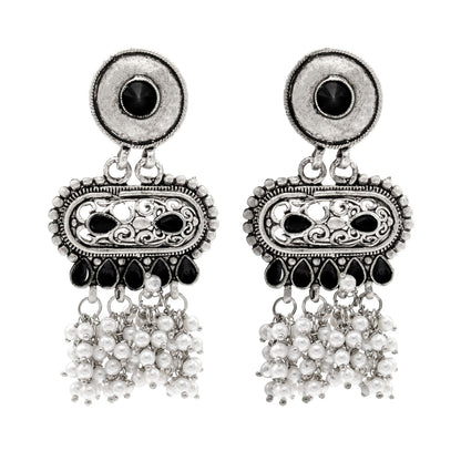 Shining Jewel Traditional Indian Matte Antique Oxidised Silver CZ, Crystal Studded Drop Earring For Women - Black (SJE_226_BK)