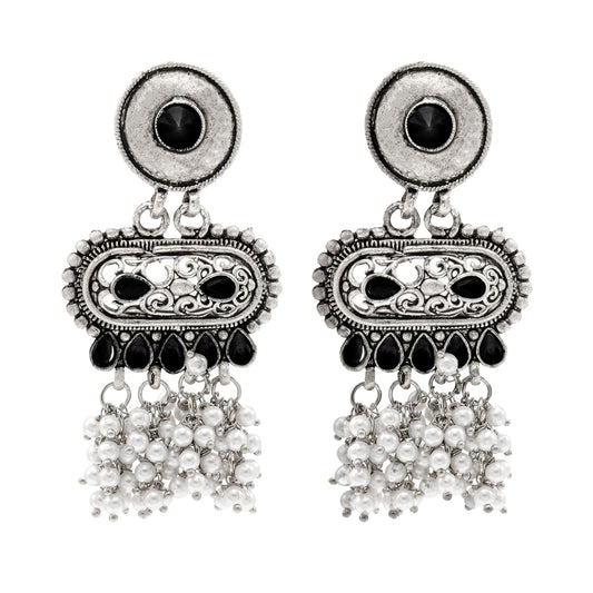 Shining Jewel Traditional Indian Matte Antique Oxidised Silver CZ, Crystal Studded Drop Earring For Women - Black (SJE_226_BK)