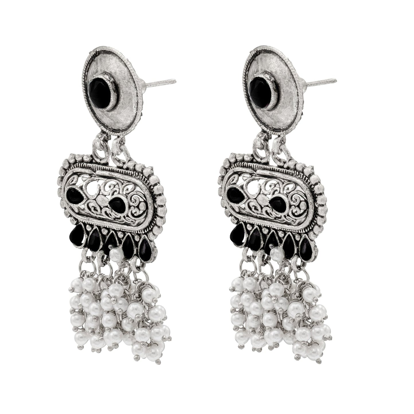 Shining Jewel Traditional Indian Matte Antique Oxidised Silver CZ, Crystal Studded Drop Earring For Women - Black (SJE_226_BK)