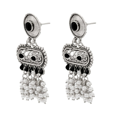 Shining Jewel Traditional Indian Matte Antique Oxidised Silver CZ, Crystal Studded Drop Earring For Women - Black (SJE_226_BK)