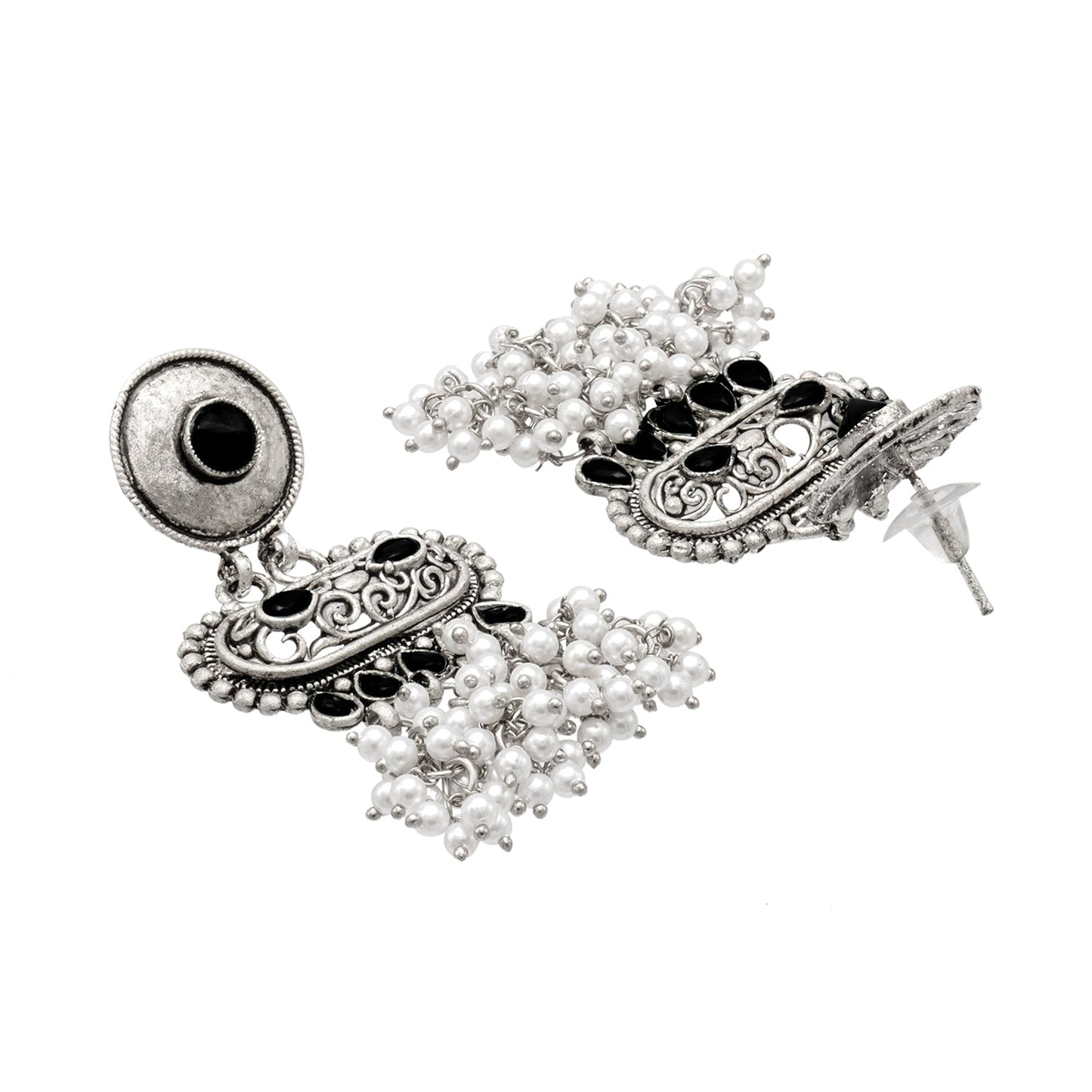 Shining Jewel Traditional Indian Matte Antique Oxidised Silver CZ, Crystal Studded Drop Earring For Women - Black (SJE_226_BK)