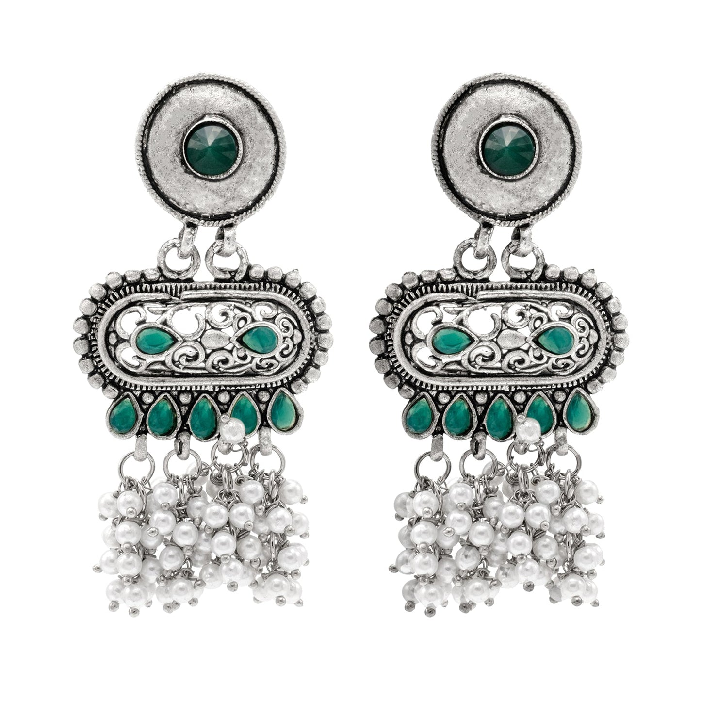 Shining Jewel Traditional Indian Matte Antique Oxidised Silver CZ, Crystal Studded Drop Earring For Women - Green (SJE_226_G)