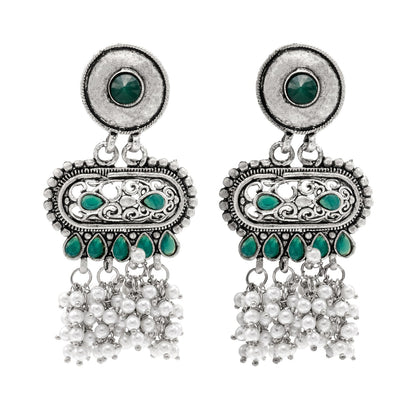 Shining Jewel Traditional Indian Matte Antique Oxidised Silver CZ, Crystal Studded Drop Earring For Women - Green (SJE_226_G)