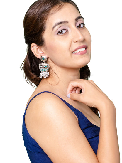 Shining Jewel Traditional Indian Matte Antique Oxidised Silver CZ, Crystal Studded Drop Earring For Women - Green (SJE_226_G)