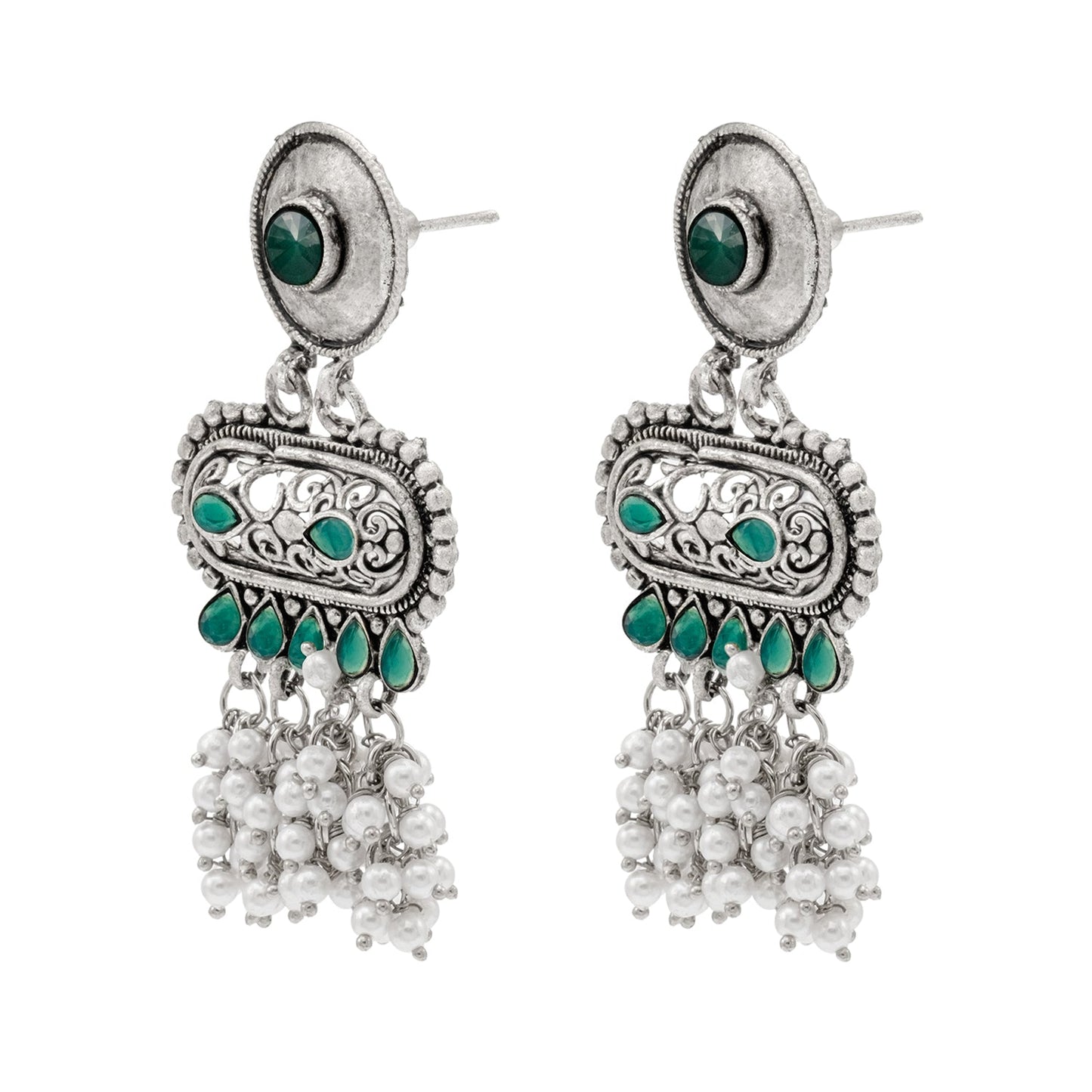 Shining Jewel Traditional Indian Matte Antique Oxidised Silver CZ, Crystal Studded Drop Earring For Women - Green (SJE_226_G)