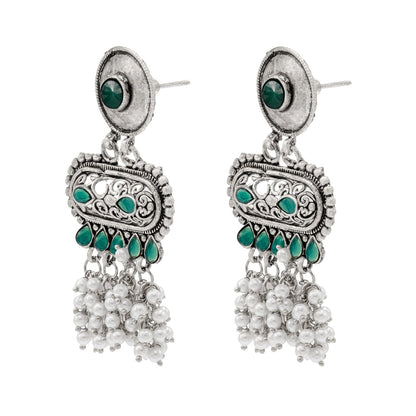Shining Jewel Traditional Indian Matte Antique Oxidised Silver CZ, Crystal Studded Drop Earring For Women - Green (SJE_226_G)