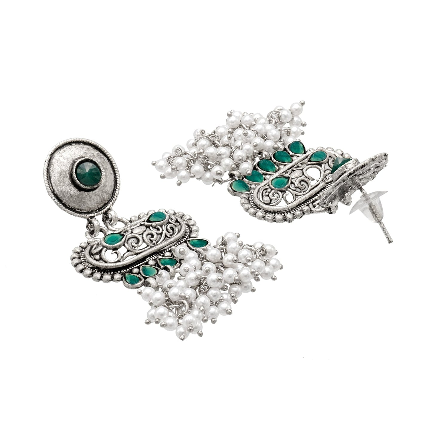 Shining Jewel Traditional Indian Matte Antique Oxidised Silver CZ, Crystal Studded Drop Earring For Women - Green (SJE_226_G)