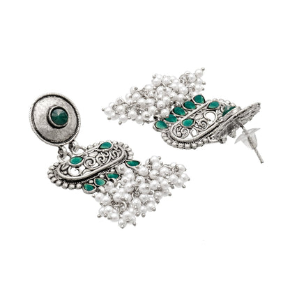 Shining Jewel Traditional Indian Matte Antique Oxidised Silver CZ, Crystal Studded Drop Earring For Women - Green (SJE_226_G)