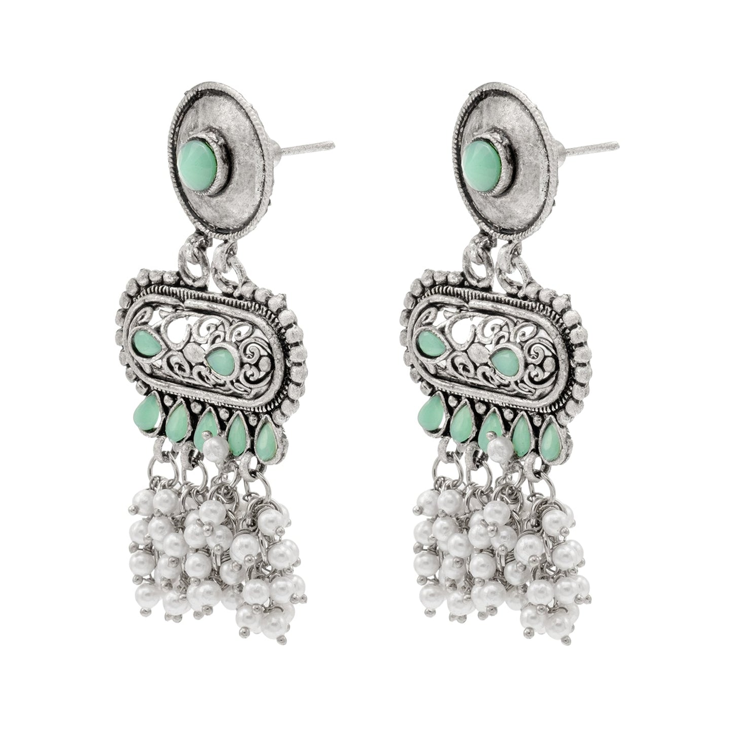 Shining Jewel Traditional Indian Matte Antique Oxidised Silver CZ, Crystal Studded Drop Earring For Women - Light Green (SJE_226_LG)