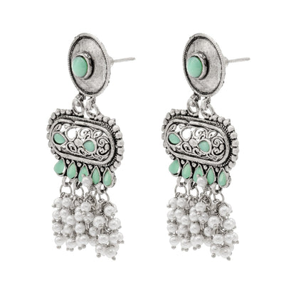 Shining Jewel Traditional Indian Matte Antique Oxidised Silver CZ, Crystal Studded Drop Earring For Women - Light Green (SJE_226_LG)