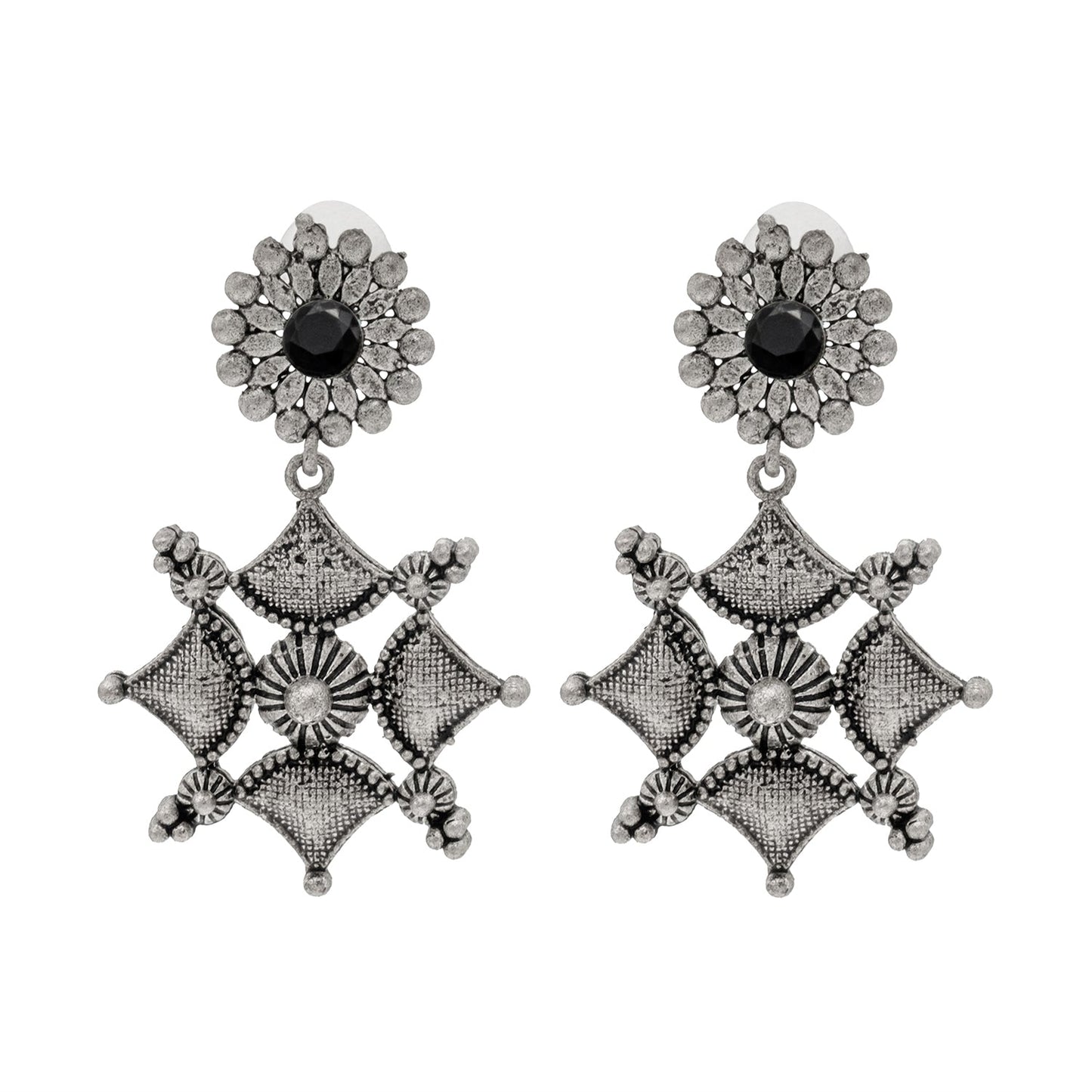 Shining Jewel Traditional Indian Matte Antique Oxidised Silver CZ, Crystal Studded Drop Earring For Women - Black (SJE_227_BK)