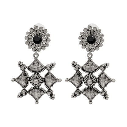 Shining Jewel Traditional Indian Matte Antique Oxidised Silver CZ, Crystal Studded Drop Earring For Women - Black (SJE_227_BK)