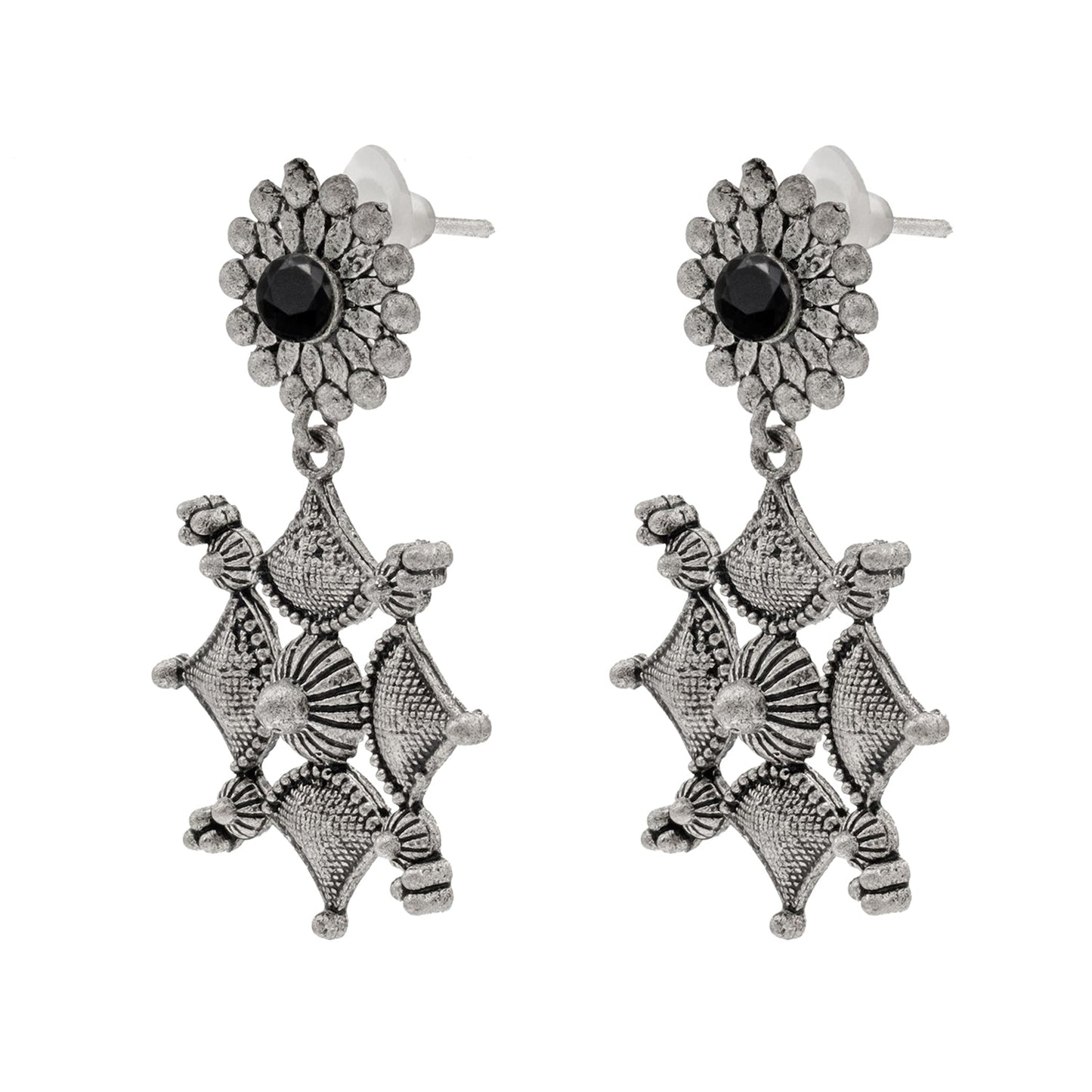 Shining Jewel Traditional Indian Matte Antique Oxidised Silver CZ, Crystal Studded Drop Earring For Women - Black (SJE_227_BK)
