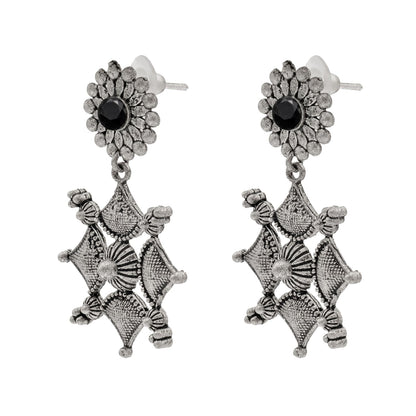 Shining Jewel Traditional Indian Matte Antique Oxidised Silver CZ, Crystal Studded Drop Earring For Women - Black (SJE_227_BK)