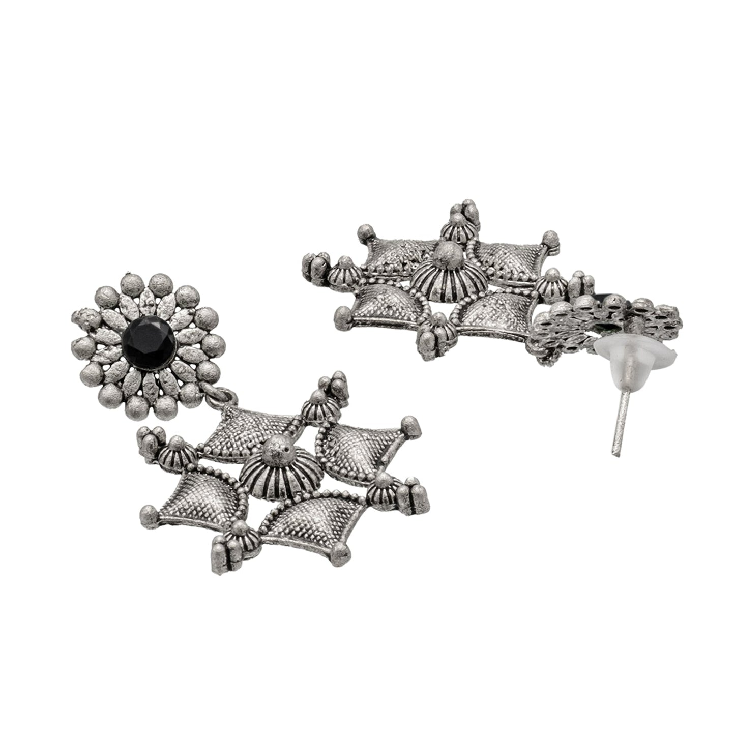 Shining Jewel Traditional Indian Matte Antique Oxidised Silver CZ, Crystal Studded Drop Earring For Women - Black (SJE_227_BK)